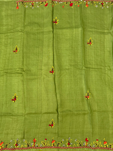 Lightweight Tribal Lambani Embroidery Pure Tussar Silk Saree | Light Moss Green | Hand Embroidery | Ships from California